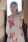 Raiman_Off White Cotton Hand Embroidery Thread V-neck Bogainvillea Print Midi Dress _at_Aza_Fashions