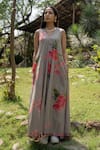 Buy_Raiman_Grey Cotton Hand Embroidery Thread V-neck Boho Villea Painted Dress _at_Aza_Fashions