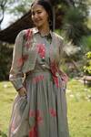 Raiman_Grey Cotton Hand Embroidery Thread Shirt Boho Villea Vintage And Skirt Set _at_Aza_Fashions