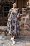 Buy_Raiman_Grey Cotton Hand Paint Floral Round Vinta Mallow Print Dress _at_Aza_Fashions