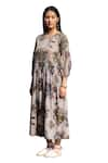 Raiman_Grey Cotton Hand Paint Floral Round Vinta Mallow Print Dress _Online_at_Aza_Fashions