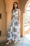 Shop_Raiman_Off White Cotton Print Floral V-neck Vintage Waist Coat With Skirt _Online_at_Aza_Fashions