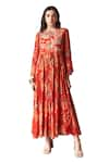 Buy_Archana Shah_Red Bemberg Crepe Print Floral Round Moroccan Maxi Dress 