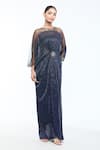 Buy_Tarun Tahiliani_Blue Crinkle Tulle Embroidered Brooch Dress Round Placed Draped 