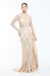 Tarun Tahiliani_Ivory Bodysuit Tulle Hand Embroidery Floral Pre-draped Concept Saree And Set _Online_at_Aza_Fashions