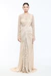 Shop_Tarun Tahiliani_Ivory Bodysuit Tulle Hand Embroidery Floral Pre-draped Concept Saree And Set _Online_at_Aza_Fashions