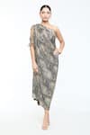 Buy_Tarun Tahiliani_Gold Foil Jersey Embellished Crystal Asymmetric Print Draped Dress _at_Aza_Fashions