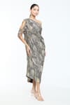 Buy_Tarun Tahiliani_Gold Foil Jersey Embellished Crystal Asymmetric Print Draped Dress _Online_at_Aza_Fashions