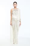 Buy_Tarun Tahiliani_Ivory Corset Foil Jersey Embellished Crystal Illusion Draped Concept Saree With _Online_at_Aza_Fashions