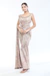 Buy_Tarun Tahiliani_Multi Color Foil Jersey Print Flower Vine Scoop Neck Draped Concept Saree Gown _at_Aza_Fashions