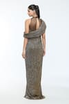 Shop_Tarun Tahiliani_Gold Crinkle Tulle Embroidery Brooch Plunge V Neck Placement Draped Dress _at_Aza_Fashions