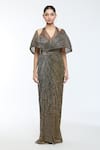 Buy_Tarun Tahiliani_Gold Crinkle Tulle Embroidery Brooch Plunge V Neck Placement Draped Dress _Online_at_Aza_Fashions