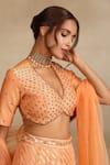 Trendy tokari_Peach Silk Tissue Woven Zari V Neck Leher Wave Lehenga Set _Online_at_Aza_Fashions