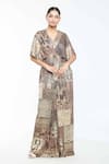 Buy_Tarun Tahiliani_Brown Foil Jersey Printed Geometric Plunge V Neck Jumpsuit _at_Aza_Fashions