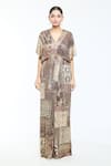 Tarun Tahiliani_Brown Foil Jersey Printed Geometric Plunge V Neck Jumpsuit _Online_at_Aza_Fashions