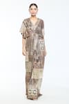 Buy_Tarun Tahiliani_Brown Foil Jersey Printed Geometric Plunge V Neck Jumpsuit _Online_at_Aza_Fashions