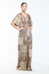 Shop_Tarun Tahiliani_Brown Foil Jersey Printed Geometric Plunge V Neck Jumpsuit _Online_at_Aza_Fashions