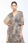 Tarun Tahiliani_Brown Foil Jersey Printed Geometric Plunge V Neck Jumpsuit _at_Aza_Fashions