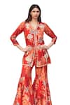 Shop Archana Shah Red Silk Zari, Mirrors, Embroidery V-neck Flower Print Kurta And Sharara Set Online at Aza Fashions Shop_Archana Shah_Red Silk Zari, Mirrors, Embroidery V-neck Flower Print Kurta And Sharara Set _Online_at_Aza_Fashions