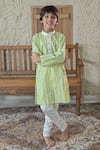 Shop_The Plum Bum_Green Cotton Leaf Stripe Pattern Kurta And Pant Set _at_Aza_Fashions