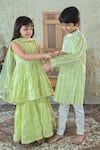 Shop_The Plum Bum_Green Cotton Leaf Stripe Pattern Kurta And Pant Set _Online_at_Aza_Fashions