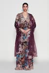 Buy_Aisha Rao_Blue Kurta And Pant Mulberry Crepe Printed Floral Claret Anarkali Gharara Set _at_Aza_Fashions