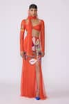 Buy_Aisha Rao_Orange Tulle Embellished Floral Applique Sweetheart Neck Ember Skirt Set _at_Aza_Fashions