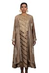 Buy_Bhusattva_Brown Dress And Shrug Organic Silk Embroidered Metal Leheriya Pattern Kurta With _Online_at_Aza_Fashions