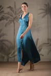 Geroo Jaipur_Blue Satin Handpainted Blooming Elegance Solid Asymmetric Dress With Scarf _Online_at_Aza_Fashions