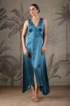 Shop_Geroo Jaipur_Blue Satin Handpainted Blooming Elegance Solid Asymmetric Dress With Scarf 