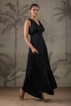 Geroo Jaipur_Black Satin Handpainted Blooming Elegance Asymmetric Solid Dress With Scarf _at_Aza_Fashions