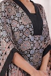 Geroo Jaipur_Black Silk Handblock Floral V-neck Print Kaftan With Pant _at_Aza_Fashions