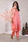 Geroo Jaipur_Peach Satin Handpainted Floral Spring Serenity Solid Kurta Set With Dupatta _at_Aza_Fashions