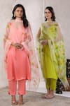 Geroo Jaipur_Green Satin Handpainted Floral Spring Serenity Strappy Kurta Set With Dupatta _Online_at_Aza_Fashions