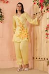 Buy_Geroo Jaipur_Yellow Jacquard Handpainted Floral V-neck Botanical Beauty Kurta With Pant _at_Aza_Fashions