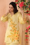 Buy_Geroo Jaipur_Yellow Jacquard Handpainted Floral V-neck Botanical Beauty Kurta With Pant 