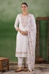 Buy_Geroo Jaipur_White Cotton Embroidered Thread Notched Floral Vine Kurta Pant Set _at_Aza_Fashions