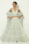 Buy_Vandana Sethi_Green Organza Pearls Halter Neck Persian Fleur Embroidered Lehenga Set _at_Aza_Fashions