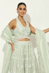 Shop_Vandana Sethi_Green Organza Pearls Halter Neck Persian Fleur Embroidered Lehenga Set _Online_at_Aza_Fashions