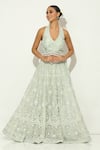 Shop_Vandana Sethi_Green Organza Pearls Halter Neck Persian Fleur Embroidered Lehenga Set _at_Aza_Fashions