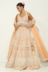 Buy_Vandana Sethi_Peach Organza Pearls Halter Neck Mughal Shamiyana Embroidered Bridal Lehenga Set _at_Aza_Fashions