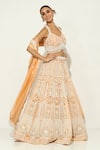 Buy_Vandana Sethi_Peach Organza Pearls Halter Neck Mughal Shamiyana Embroidered Bridal Lehenga Set _Online_at_Aza_Fashions
