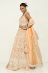 Vandana Sethi_Peach Organza Pearls Halter Neck Mughal Shamiyana Embroidered Bridal Lehenga Set _at_Aza_Fashions