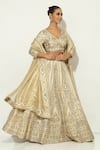 Shop_Vandana Sethi_Ivory Shimmer Raw Silk Embroidered Zardosi V Neck Oriental Lehenga Set _Online_at_Aza_Fashions