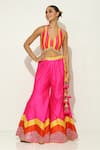 Buy_Vandana Sethi_Fuchsia Dupion Silk Embroidered Mirror V Neck Blouse Sharara Set _Online_at_Aza_Fashions