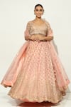 Buy_Vandana Sethi_Pink Shimmer Organza Embroidered Zardosi Leaf Work Lehenga Set _at_Aza_Fashions