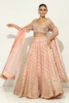 Shop_Vandana Sethi_Pink Shimmer Organza Embroidered Zardosi Leaf Work Lehenga Set _at_Aza_Fashions