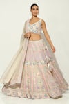 Buy_Vandana Sethi_Pink Shimmer Organza Embroidered Sequin Leaf Floral Lehenga Set _at_Aza_Fashions