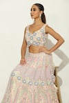 Buy_Vandana Sethi_Pink Shimmer Organza Embroidered Sequin Leaf Floral Lehenga Set 