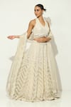 Shop_Vandana Sethi_Ivory Shimmer Organza Embroidered Pearl Leaf Work Lehenga Set _at_Aza_Fashions